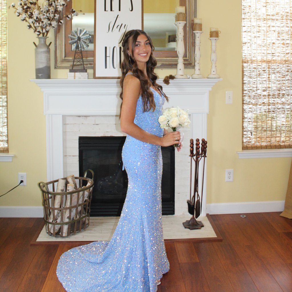 Nox Anabel C1109 Long Spaghetti Strap Fitted Prom Dress - Light Blue Size 6